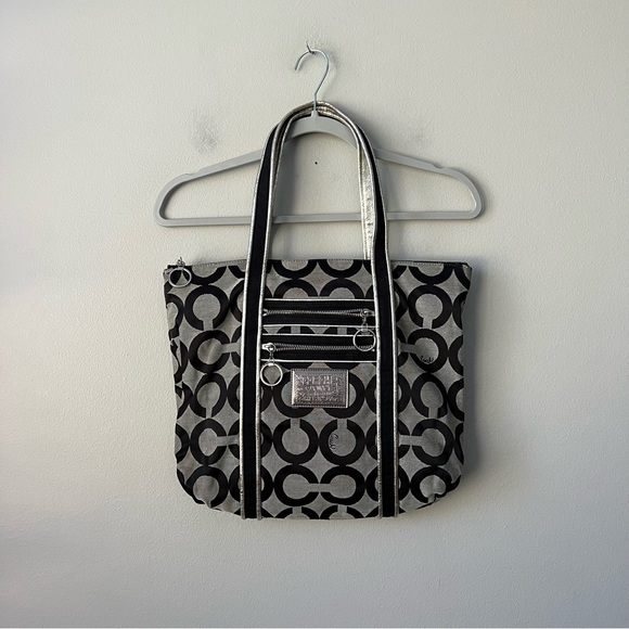 Coach Poppy Op Art Logo Glam Leather Silver Black Tote - Picture 12 of 13